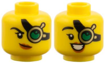 3626pb4132 - Minifigure, Head Dual Sided Female, Gold Eyepiece with Black Strap, Green Lens, Black Eyebrow, Dark Orange Lips, Lopsided Grin / Open Smile Pattern
