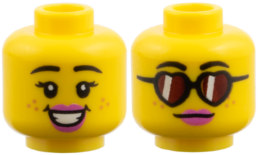 3626pb4135 - Minifigure, Head Dual Sided Female, Black Eyebrows, Medium Nougat Freckles, Dark Pink Lips, Open Smile / Glasses with Reddish Brown Heart Lenses Pattern