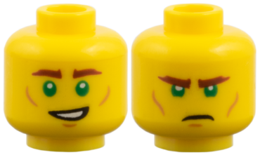 3626pb4137 - Minifigure, Head Dual Sided, Reddish Brown Eyebrows, Bright Green Eyes, Medium Nougat Contours, Smile / Frown Pattern