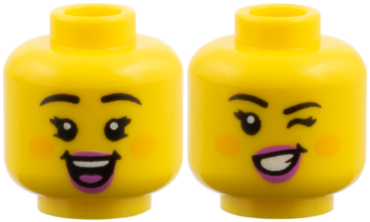 3626pb4139 - Minifigure, Head Dual Sided Female, Black Eyebrows, Orange Cheeks, Dark Pink Lips, Open Smile / Wink with Lopsided Smile Pattern