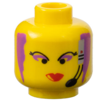 3626px86 - Minifigure, Head Female with Black Thin Eyebrows, Purple Hair and Eye Shadow, Headset with Microphone, and Red Lips Narrow Pattern