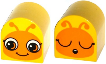 3664pb28 - Duplo, Brick 2 x 2 x 2 Slope Curved Double with Orange Insect Face Eyes Open Awake / Eyes Closed Asleep Pattern