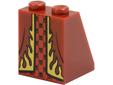 3678bpb082 - Slope 65 2 x 2 x 2 with Bottom Tube with Minifigure Dress / Skirt / Robe, Gold Flames Trim over Red Panel with Black Skulls Pattern