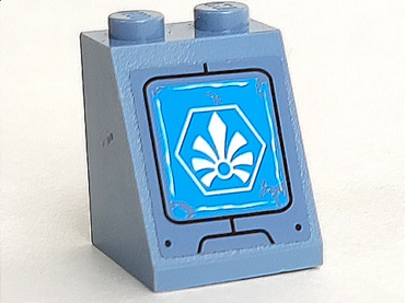 3678bpb083L - Slope 65 2 x 2 x 2 with Bottom Tube with White Chima Logo in Hexagon Pattern Model Left Side (Sticker) - Set 70131