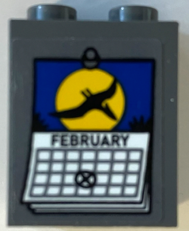 3678bpb126 - Slope 65 2 x 2 x 2 with Bottom Tube with White 'FEBRUARY' Calendar Page, Black Pteranodon and Yellow Moon Pattern (Sticker) - Set 75941