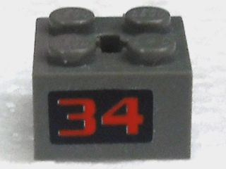 40902pb01 - Hinge Brick 2 x 2 Locking with 2 Fingers Vertical and Axle Hole with Red '34' on Black Background Pattern (Sticker) - Set 4589