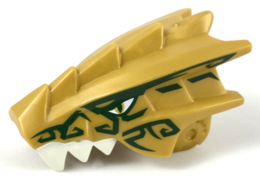 40933pb01 - Dragon Head (Ninjago) Jaw Upper with White Teeth, Gold Eyes, and Dark Green Decorations Pattern
