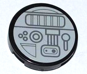 4150pb122 - Tile, Round 2 x 2 with Gray Lever, Buttons and Circuitry Pattern (Sticker) - Sets 7964 / 7965