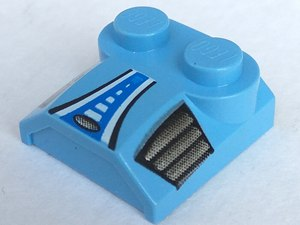 41855pb05 - Slope, Curved 2 x 2 x 2/3 with 2 Studs and Curved Sides, Lip End with Blue/White Stripe and Silver Side Vents Pattern