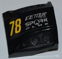 44675pb006L - Slope, Curved 2 x 2 with Debossed Side Ports with Yellow '78', Silver 'RETOUR Travels' and 'SPARK PLUX' Pattern Model Left Side (Sticker) - Set 8126
