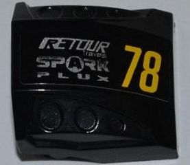 44675pb006R - Slope, Curved 2 x 2 with Debossed Side Ports with Yellow '78', Silver 'RETOUR Travels' and 'SPARK PLUX' Pattern Model Right Side (Sticker) - Set 8126