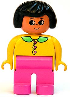 4555pb127 - Duplo Figure, Female, Dark Pink Legs, Yellow Top with Dark Pink Buttons & Medium Green Collar, Black Hair