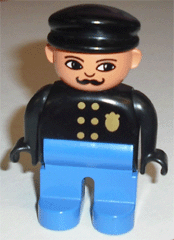 4555pb266 - Duplo Figure, Male Police, Blue Legs, Black Top with Gold Badge, Black Hat, Turned Down Nose and Elliptical Eyes