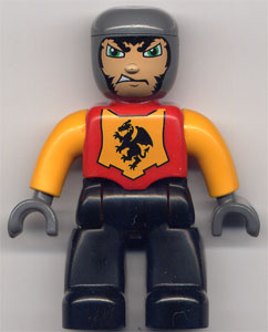 47394pb004 - Duplo Figure Lego Ville, Male Castle, Black Legs, Red Chest, Bright Light Orange Arms, Dark Bluish Gray Hands