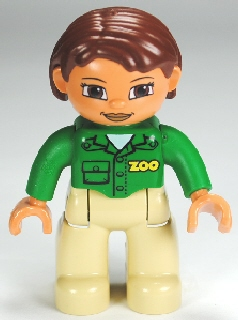 47394pb144 - Duplo Figure Lego Ville, Female, Tan Legs, Green Top with 'ZOO' on Front and Back, Reddish Brown Hair, Brown Eyes (Zoo Worker)