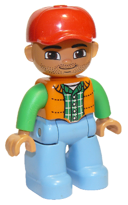 47394pb166 - Duplo Figure Lego Ville, Male, Medium Blue Legs, Orange Vest, Dark Green Plaid Shirt, Bright Green Arms, Red Cap