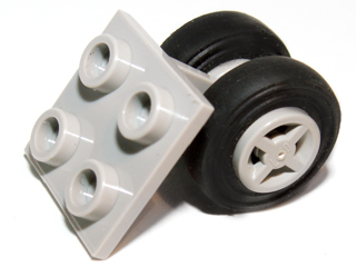 4870c01 - Plate, Modified 2 x 2 Thin with Dual Wheels Holder - Split Pins with Light Gray Wheels and Black Tires (4870 / 4624 / 3139)