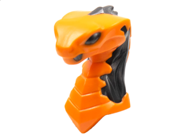 49588pb04 - Minifigure, Head, Modified Snake, Cobra with Closed Mouth with Molded Pearl Dark Gray Eyes, Fangs, and Flames on Closed Hood Pattern