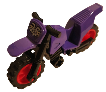 50860c08pb01 - Motorcycle Dirt Bike with Black Chassis (Long Fairing Mounts) and Red Wheels with White Samurai Head Pattern (Sticker) - Set 70641