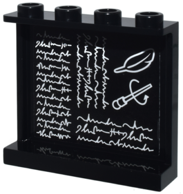 60581pb178 - Panel 1 x 4 x 3 with Side Supports - Hollow Studs with White Magic Wand, Feather and Writing on Blackboard Pattern on Inside (Sticker) - Set 76385