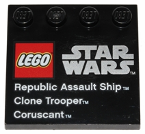 6179pb056 - Tile, Modified 4 x 4 with Studs on Edge with LEGO Star Wars Logo, 'Republic Assault Ship', 'Clone Trooper', and 'Coruscant' Pattern