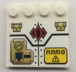 6179pb195 - Tile, Modified 4 x 4 with Studs on Edge with Keypad, 'AMMO', Red Diamonds and Rivets Pattern (Sticker) - Set 70595