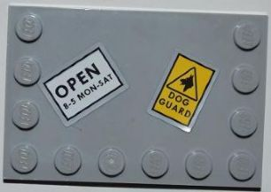 6180pb047 - Tile, Modified 4 x 6 with Studs on Edges with 'OPEN 8-5 MON-SAT' and 'DOG GUARD' Pattern (Stickers) - Set 8199