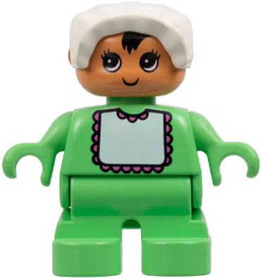 6453pb032 - Duplo Figure, Child Type 2 Baby, Medium Green Legs, Medium Green Top with White Bib with Dark Pink Lace, White Bonnet