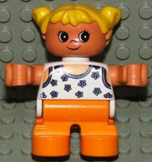 6453pb034 - Duplo Figure, Child Type 2 Girl, Orange Legs, White Blouse with Blue Flowers, Yellow Hair Pigtails