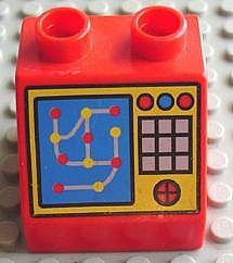 6474pb08 - Duplo, Brick 2 x 2 x 1 1/2 Slope 45 with Blue Computer Screen and Buttons on Yellow Background Pattern