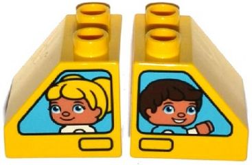 6474pb37 - Duplo, Brick 2 x 2 x 1 1/2 Slope 45 with Window with Boy / Girl Pattern