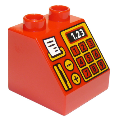 6474pb41 - Duplo, Brick 2 x 2 x 1 1/2 Slope 45 with Cash Register, Card Reader, Receipt, and '1.23' Pattern