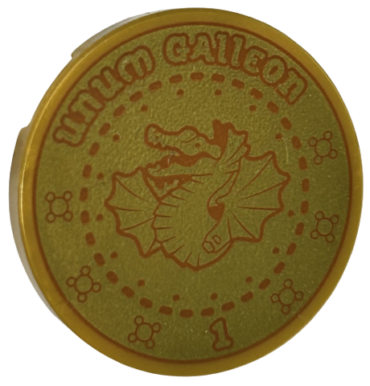67095pb059 - Tile, Round 3 x 3 with Dark Orange Dragon, 'Unum Galleon', Number 1 and Dashed Circles Pattern