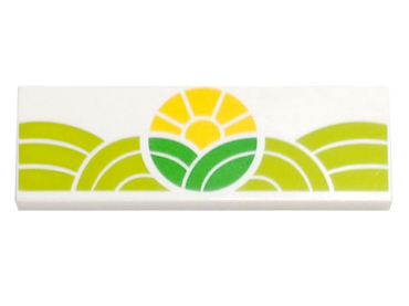 69729pb034 - Tile 2 x 6 with Bright Green and Lime Hills and Yellow Sun Pattern