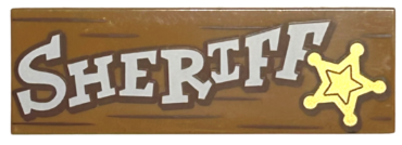 69729pb072 - Tile 2 x 6 with White 'SHERIFF', Gold Star and Reddish Brown Wood Grain Lines Pattern