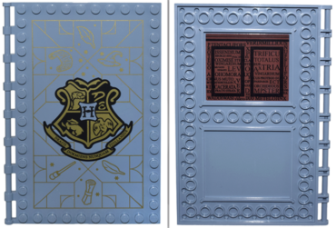 69934pb005 - Tile, Modified 10 x 16 with Studs on Edges and Bar Handles with Hogwarts Charms Class and Spells and Latin Words on Reddish Brown Background Pattern on Inside (Sticker) - Set 76385