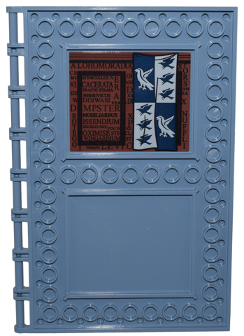 69934pb006 - Tile, Modified 10 x 16 with Studs on Edges and Bar Handles with Ravenclaw Flag, Spells and Latin Words on Reddish Brown Background Pattern on Inside (Sticker) - Set 76385