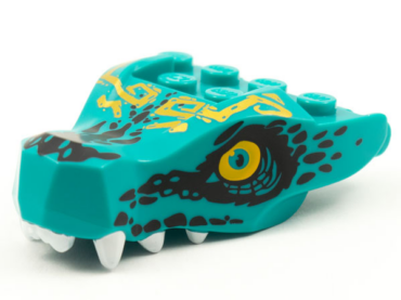 72362pb01 - Dragon Head (Ninjago) Jaw with 2 Bar Handles on Back with Bright Light Orange Eyes, Gold Tribal Tattoos, Black Scales, and White Teeth Pattern