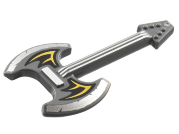77179pb01 - Minifigure, Utensil Musical Instrument, Guitar Electric Axe with Silver Blades and Strings, Black and Gold Bat Wings Pattern