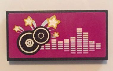 87079pb0316 - Tile 2 x 4 with Black and Silver Record Disks and Silver Frequency Bars on Magenta Background Pattern (Sticker) - Set 41058