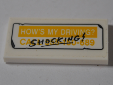 87079pb0637 - Tile 2 x 4 with 'HOW'S MY DRIVING?' on Yellow Background, Yellow 'CALL 555-150-689' on White Background and Black 'SHOCKING!' Pattern (Sticker) - Set 76083
