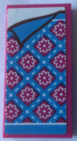 87079pb0665 - Tile 2 x 4 with Bedspread with Magenta Flowers and Medium Blue Stripes and Corner Pulled Back Pattern (Sticker) - Set 41126
