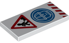 87079pb0704 - Tile 2 x 4 with Minifigure Worker with Shovel and Pile, Head with Construction Helmet in Blue Circle, and Red Danger Stripes Pattern