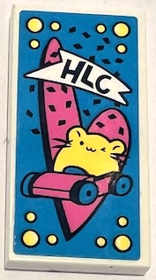87079pb1202 - Tile 2 x 4 with 'HLC', Bright Light Yellow Hamster Driving Car and Dark Pink Heart on Dark Azure Background Pattern (Sticker) - Set 41383