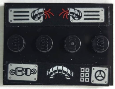 88646pb014 - Tile, Modified 3 x 4 with 4 Studs in Center with Control Panel with Broken Red Wires, Silver Buttons, Dial, Hoses, Air Vents and Screws Pattern (Stickers) - Set 75939