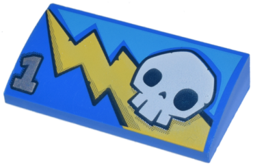 88930pb038 - Slope, Curved 2 x 4 x 2/3 with Bottom Tubes with Yellow Lightning Bolt, White Skull, and Silver Number 1 Pattern