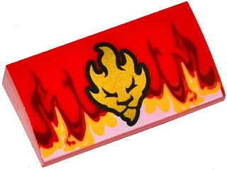 88930pb067 - Slope, Curved 2 x 4 x 2/3 with Bottom Tubes with Flames and Gold Lion Head Pattern