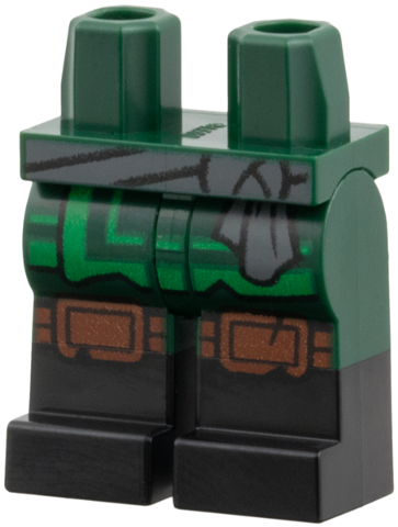 970c00pb1927 - Hips and Legs with Molded Black Lower Legs / Boots and Printed Dark Bluish Gray Sash, Bright Green Shirttail, Reddish Brown Knee Straps Pattern