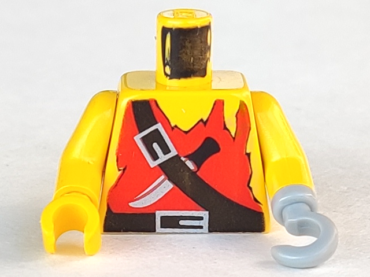 973p3ac01 - Torso Pirate Red Tank Top Tattered, Black Belts with Silver Buckles, Knife Pattern / Yellow Arms / Light Gray Hook Left / Yellow Hand Right
