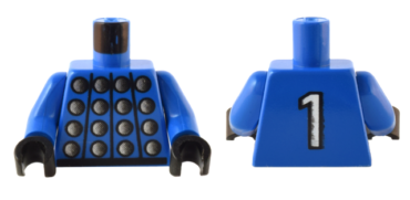 973pb0083c02 - Torso Studded Armor with Silver Circles, Black Belt, White Number 1 on Back Pattern / Blue Arms / Black Hands